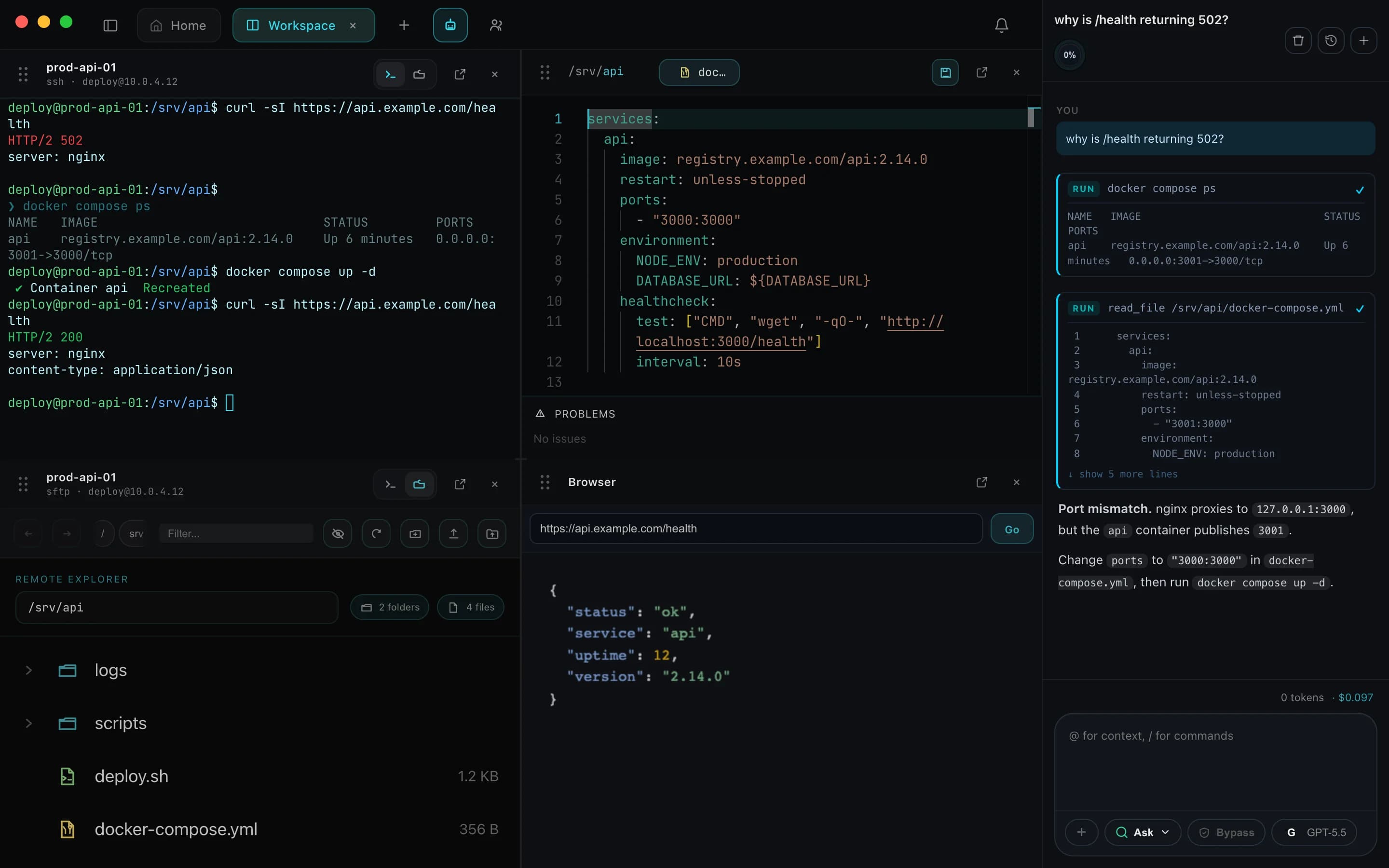 DockLab workspace with terminal, files, browser and AI assistant